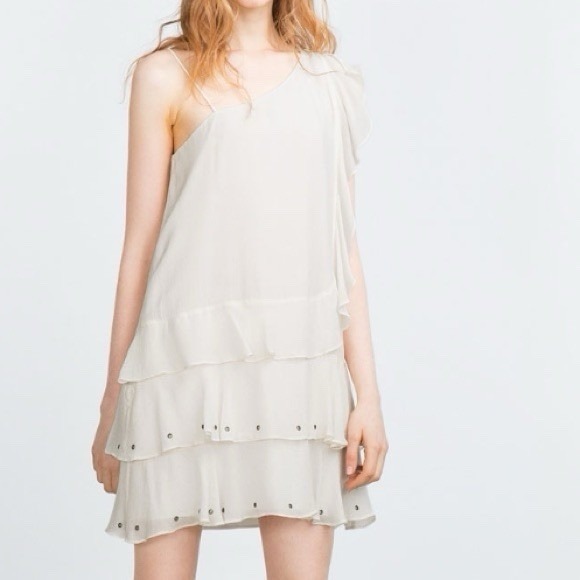 Zara Dresses & Skirts - Zara Trafaluc Ivory One Shoulder Tiered Asymmetrical Metal Embellishment Dress S